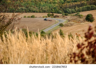 Autumn Landscape With Dry Grass, Road Across Agricultural Fields, View From Above