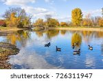Autumn landscape with a group of canadian geese on a pond. Cloudy blue sky, yellow colored fall trees and a bridge reflect in a water in the Tenney city park. Madison, Wisconsin, Midwest USA. 