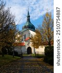 Autumn landscape overlooking main entrance to Pilgrimage Church of St John of Nepomuk at Zelena hora, Zdar nad Sazavou, Czech Republic..