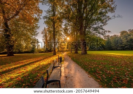 Autumn landscape, a park with sidewalk and benches at sunset.
Budatin castle park at Zilina town, Slovakia, Europe.
