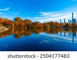 Autumn landscape with pond. Fall nature landscape. Autumn nature in Central park. Seasonal fall landscape. Park autumn tree and pond in New York. Scenic fall. Central park in autumn. Changing colors