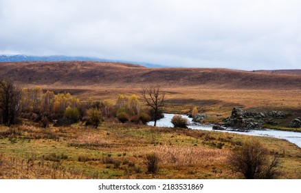 Autumn Landscape Of A Rainy Day In The Altai Mountains, Russia. Travel To Distant Beautiful Places Of The Planet. Small River, Hills With Yellow Trees And Fog On The Tops Of The Mountains.