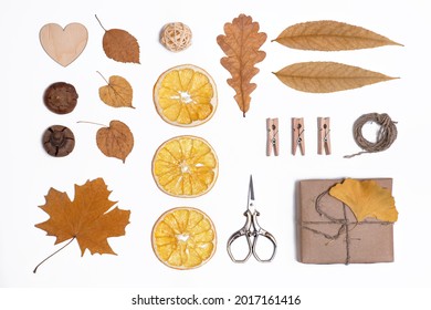 Autumn Layout On White Isolate, Top View, Dry Fallen Leaves, Gift Wrapping Decor, Autumn Mood, Thanksgiving Background