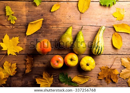 Similar – Image, Stock Photo Decorative apple leaf on red maple leaves
