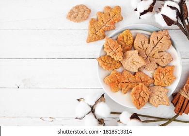 Autumn Leaf Sugar Cookies. Overhead View Side Border On A White Wood Background With Copy Space.