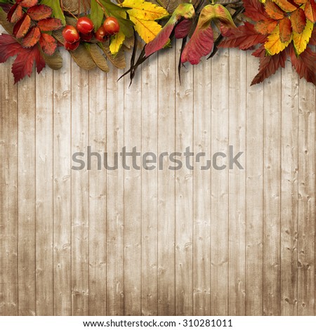 Autumn leaves border on vintage wooden background