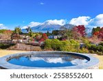 Autumn leaves and Mt. Fuji as seen from the grass field at Shiraito Falls in Fujinomiya City, Shizuoka Prefecture