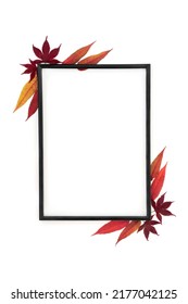 Autumn leaves nature background border. Minimal natural abstract Thanksgiving and Fall composition with black frame on white background. Flat lay. - Shutterstock ID 2177042125