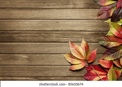 Autumn leaves over wooden background with copy space - Powered by Shutterstock