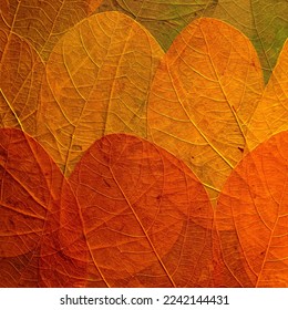 Autumn leaves pressed and dried in close up background