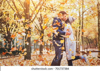 Autumn Love, Couple Kissing In Fall Park, Happy Man And Woman Outside