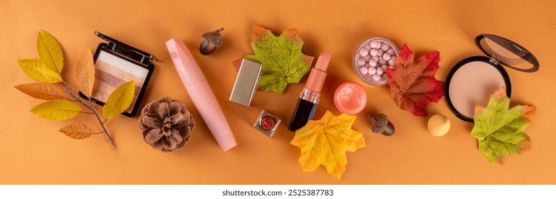 Autumn makeup cosmetics set with cozy beige background with autumn leaves, fall cosmetics sales, autumn seasonal style outlook and makeup  - Powered by Shutterstock