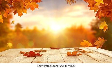 Autumn maple leaves on wooden  table.Falling leaves natural background.Sunny autumn day with beautiful orange fall foliage in the park. - Shutterstock ID 2054874875