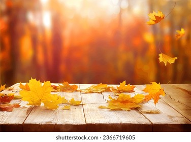 Autumn maple leaves on wooden  table.Falling leaves natural background. - Powered by Shutterstock