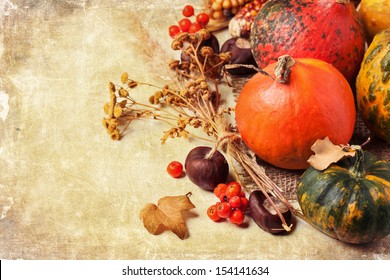 Autumn mini pumpkins, berries, chestnuts and dry flowers over old textuded background