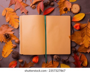 Autumn mockup with vintage notebook among red-yellow maple autumn leaves. Dry Ginkgo leaf and daisy flower pinned by decorative tape. Cozy autumn. Good for Back to school concepts. - Powered by Shutterstock