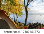 Autumn morning at a campsite by the lake