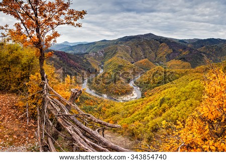 Autumn mountain. Amazing autumn view of one of the meanders of Arda River, Bulgaria.