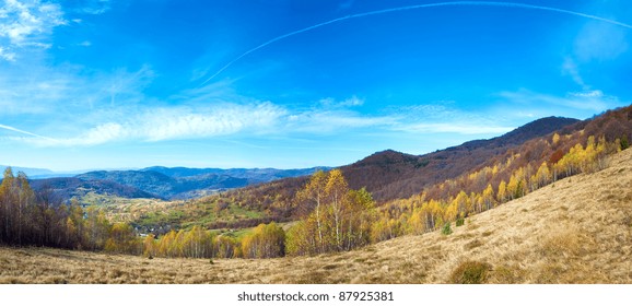 Autumn Mountain Country Landscape With Village ,birch Trees And Vapour Trail In Sky (Carpathian, Ukraine). Two Shots Stitch Image.