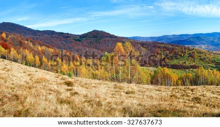 Similar – Image, Stock Photo Autumn mountain panorama. Sunny meadow and colorful forest