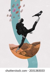 Autumn in mountains. Dreams. Young man dancing with bird on pastel background. Modern design, contemporary art collage. Inspiration, idea, trendy urban magazine style. Minimalism.