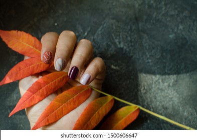 Autumn Nails Design. Trendy Manicure. Top View. Place For Text. Autumn Leaves.