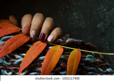 Autumn Nails Design. Trendy Manicure. Top View. Place For Text. Autumn Leaves.