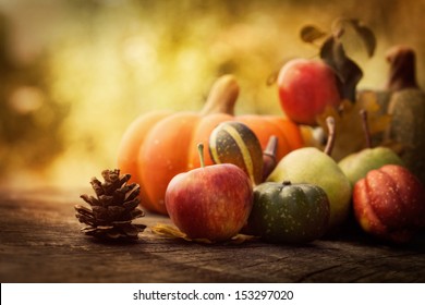 Autumn Nature Concept. Fall Fruit And Vegetables On Wood. Thanksgiving Dinner