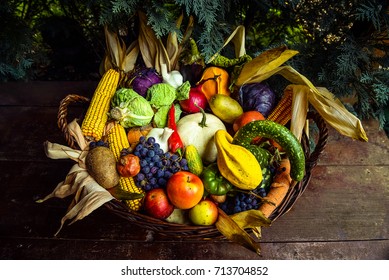 Autumn nature concept. Fruits and vegetables in a basket. Thanksgiving dinner
