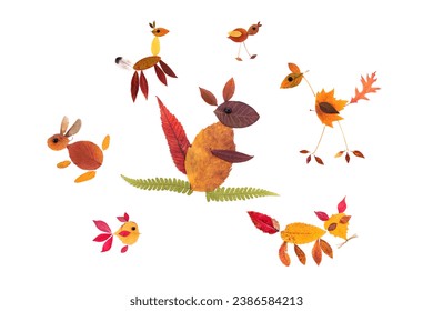 autumn nature craft for kids, animals made of dry leaf, top view, activity for children 