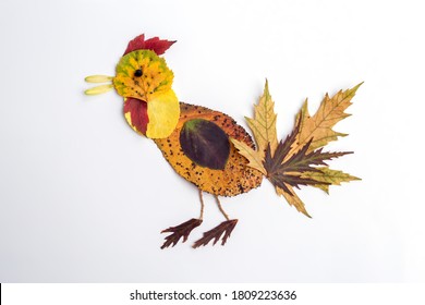 Autumn Nature Craft For Kids, Bird Made Of Dry Leaf, Top View, Activity For Children