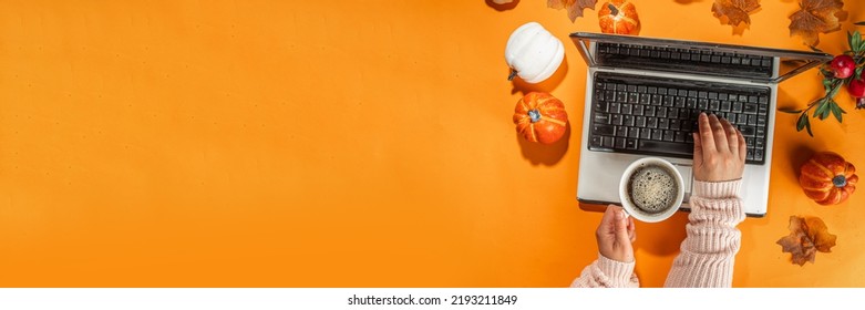 Autumn office work, education flatlay top view copy space. Cozy fall background with laptop, white and orange pumpkins, autumn leaves decor. Woman person hands using a laptop computer from above  - Shutterstock ID 2193211849