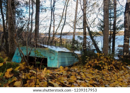 Autumn on the lake Smerge near Arkhangelsk. Pleasure catamarans pulled out of the water. Autumn sadness.