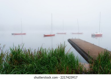 Autumn On The Tychy Paprocany Lake, Sailboats In The Fog