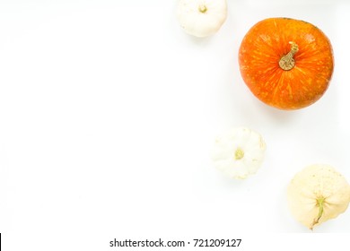 Autumn Orange Pumpkin On White Background. Flat Lay, Top View