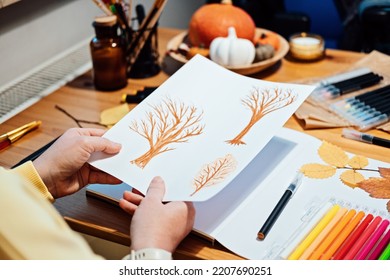 Autumn painting ideas  easy fall painting for adults  for beginners  Autumn Scenes  Faceless portrait woman drawing autumn trees and markers 