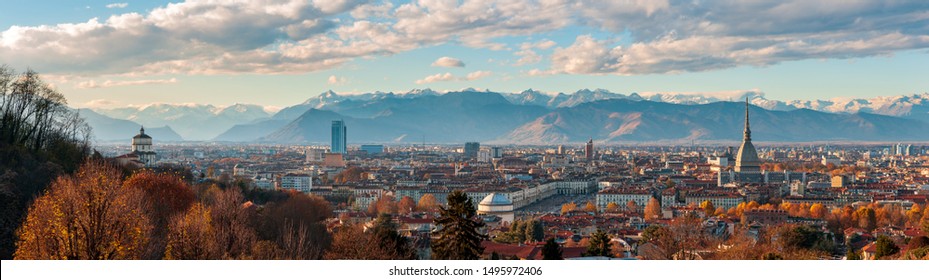 Autumn panorama of the city of Turin (Torino), Piedmont, Italy with the surrounding Alps mountains