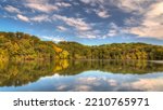 Autumn panorama of Little Falls Lake at Willow River State Park