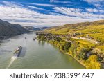 Autumn panorama of Wachau valley (Unesco world heritage site) with ships on Danube river near the Weissenkirchen village in Lower Austria, Austria