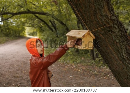 in the autumn in the park, a boy stands in front of a bird feeder and puts food for birds there
