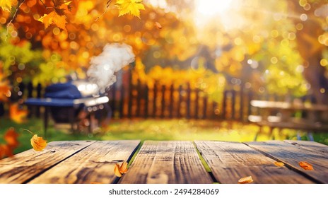 autumn party in backyard garden with grill BBQ, wooden table, blurred background - Powered by Shutterstock