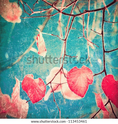 Autumn Pink Heart Leafs on blue textured sky