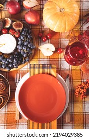 Autumn Place Setting Dinner For Celebration Thanksgiving Day. Holiday Party. Festive Table. Snacks, Friuts,pie, Pumpkin, Vegetables, Wine Glasses. Top View.