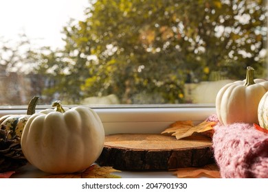 Autumn Podium For Products, Concept Cozy Home, Window With Pumpkins And Fall Leaves