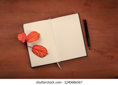 Autumn Poetry. A Photo Of A Book With A Thorny Branch With Vibrant Leaves And A Nib Pen, Shot From Above On A Dark Rustic Wooden Background With A Place For Text