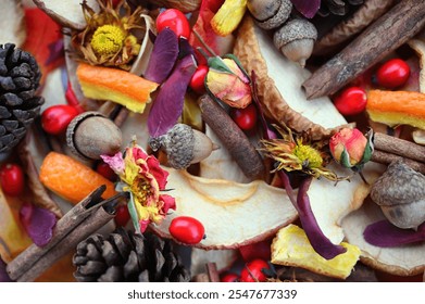 Autumn potpourri - mix of dried oranges peels, apples, cinnamon stick, dried mums, rosebuds, rose petals, acorns, berries, pine cones - Powered by Shutterstock