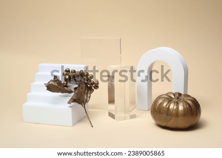 Autumn presentation for product. Geometric figures, golden pumpkin and branch with berries on beige background