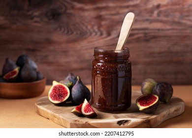 Autumn Preserves, Fig Jam Or Fig Marmalade On Wooden Board With Fresh, Ripe Figs, Still Life