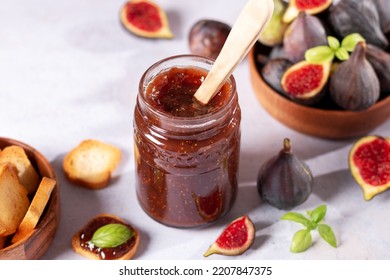 Autumn Preserves From Local Produce, Fig Jam Or Fig Marmalade On Light Grey Table With Fresh, Ripe Figs, Copy Space