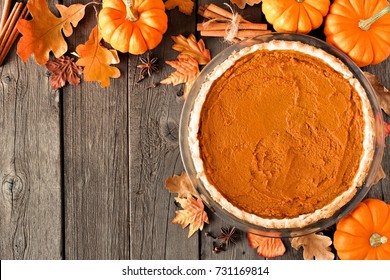 Autumn Pumpkin Pie, Rustic Overhead Scene On A Wood Background